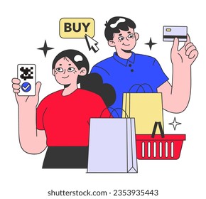 E-commerce. Online shopping, character purchasing goods on a website or marketplace. Secure contactless online transaction for purchase payment. Flat vector illustration