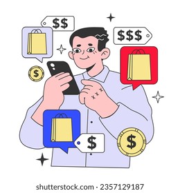 E-commerce. Online shopping, character using a price comparison website or app to optimize expenses. Digital service for prices management. Purchasing goods online. Flat vector illustration