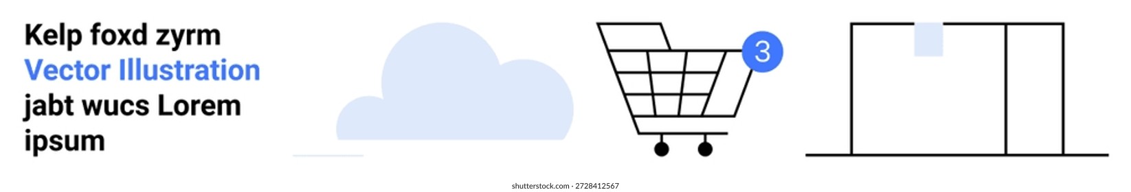 Comércio eletrônico, compras on-line, armazenamento em nuvem, conteúdo digital, comércio pela Internet, texto de espaço reservado. Carrinho de compras ao lado de um ícone de nuvem e linhas de texto de preenchimento. Conceitos de comércio eletrônico e compras on-line