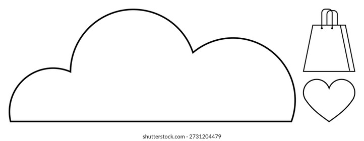 E-commerce, online shopping, cloud storage, digital love, retail, data connection. A cloud shape alongside a shopping bag and a heart icon. E-commerce and cloud storage concept