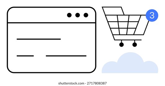 Comércio eletrônico, compras on-line, tecnologia de nuvem, transações digitais, integração de software, notificações. Navegador da Web e ícone de carrinho com notificação em um contexto de nuvem. Comércio eletrônico e comércio em linha