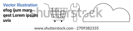 E-commerce, online shopping, cloud technology, digital tools, maintenance, internet services. Shopping cart, wrench and cloud icon outlined. E-commerce and cloud technology concepts