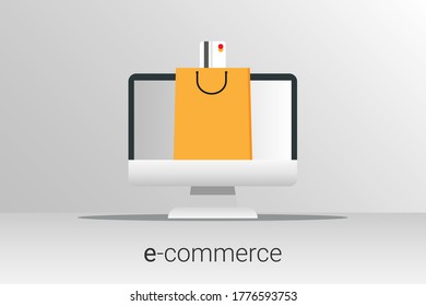 E-Commerce und Online-Shopping. Computer mit Kreditkarte und Einkaufstasche auf grauem Hintergrund. Vektorgrafik