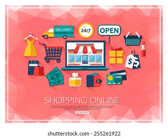 E-commerce, online shopping concept background. Vector illustration.