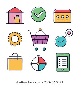 E-commerce and online shopping concept colorful linear icons. color offset line icons flat color outline vector sign collection set