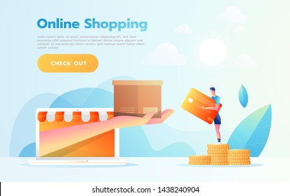 E-commerce or online shopping concept with hands reaching out of a computer screen holding a shopping product.