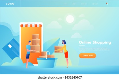 E-commerce or online shopping concept with hands reaching out of a computer screen holding a shopping product.