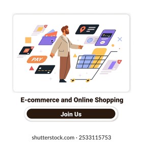 E-commerce and online shopping concept man with shopping cart surrounded by digital payment icons and discount tags website design