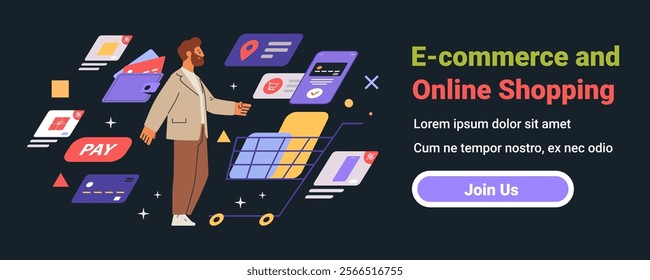 E-commerce and online shopping concept Man with shopping cart surrounded by digital payment icons and shopping elements on dark background. Website banner.