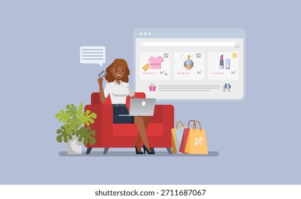 Concepto de comercio electrónico y compras en línea. Tienda en línea con el ordenador portátil, el Carrito de compras, la tarjeta de crédito y el diseño plano de la Ilustración vectorial del carácter del pago digital. No generado por la IA.