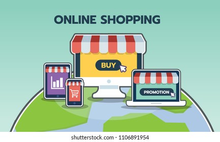 E-commerce, online shopping concept vector illustration with computer laptop, mobile, computer tablet on globe with a map of the world.