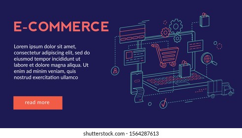 E-Commerce, online shopping Concept  for website web page, presentation, banner   . Vector illustration, Futuristic design, isometric 3d, 