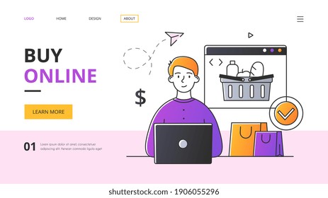 E-commerce and online shopping concept. Website, webpage, landing page template with the inscription buy online. Minimal style flat cartoon vector illustrartion