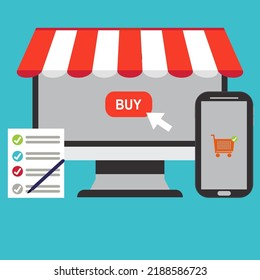 E-commerce, online shopping concepts. Desktop computer with buy button, smartphone with shopping basket, shopping list with pen