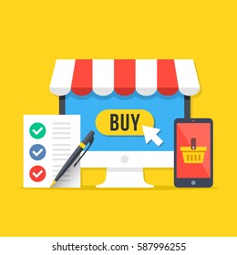 E-commerce, online shopping concepts. Desktop computer with buy button, smartphone with shopping basket, shopping list with pen. Modern flat design graphic elements set. Vector illustration