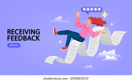 E-commerce, online shopping concept.woman sitting on long slip.her using laptop, use application shopping, on hand have gift card, and refund point . adult woman happy and smile shopping bag. Vector