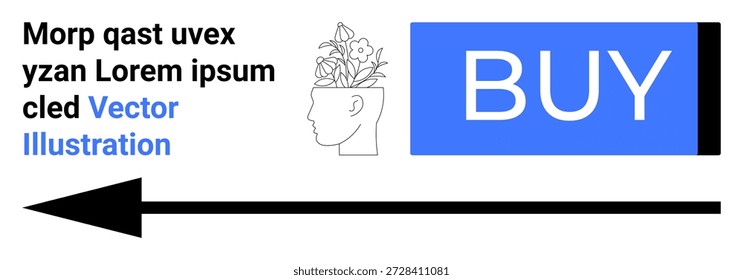 Comercio electrónico, compras en línea, análisis del consumidor, marketing digital, tendencias de compra, interacción del usuario. Cabeza humana con flores, flecha y azul comprar Botón. Comercio electrónico y compras en línea