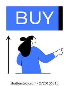 E-commerce, online shopping, consumer behavior, digital marketing, sales growth, business trends. Person pointing at large Buy button with upward arrow. E-commerce and online shopping concept