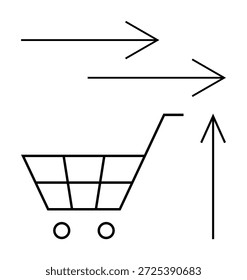Comércio eletrônico, compras online, comportamento do consumidor, tendências de mercado, direção, crescimento do varejo. Contorno de um carrinho de compras com três setas. Conceito de comércio eletrônico e compras online