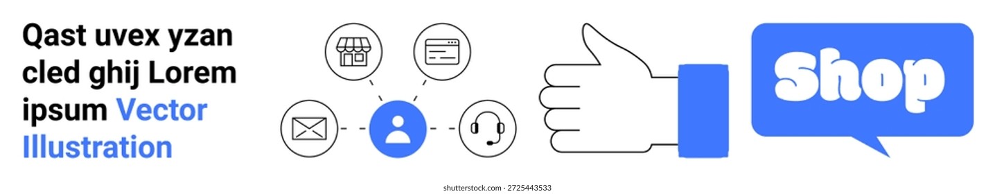E-commerce, online shopping, customer support, digital marketing, communication, social media. Hand icon with Shop speech bubble and network of communication symbols. Online shopping and customer