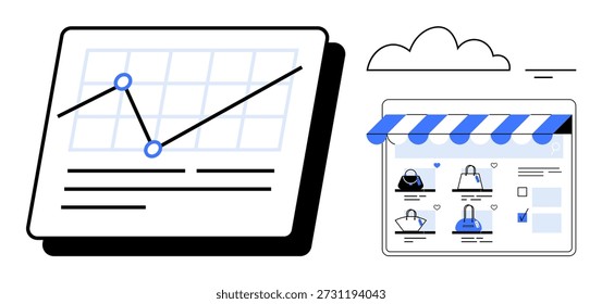 E-commerce, online shopping, data trends, sales analytics, digital marketing, business growth. Graph showing upward trends, online store interface with products. E-commerce and sales analytics