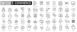 E-Commerce, Online-Shopping Und Lieferelemente - Minimaler Thin-line-Icon-Satz. Kollektion Von Symbolen In Einer Übersicht. Einfache Vektorgrafik. Editabale Schlaganfallsymbole.