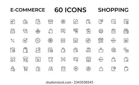 Comercio electrónico, compras en línea y elementos de entrega - juego mínimo de iconos de línea delgada. Colección de iconos de esquema. Ilustración vectorial simple.