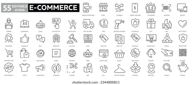 E-commerce, online shopping and delivery elements - minimal thin line web icon set. Outline icons collection. Simple vector illustration. editabale stroke icons.
