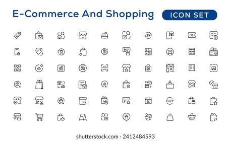 Comercio electrónico, compras en línea y elementos de entrega - juego mínimo de iconos de línea delgada. Colección de iconos de esquema. Ilustración vectorial simple.