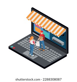 Ecommerce online shopping delivery from supermarket isometric concept with courier giving customer food vector illustration