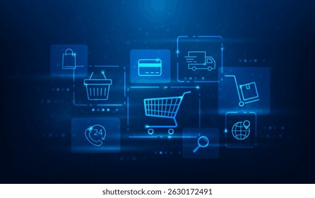 comércio eletrônico compras on-line mercado digital tecnologia da internet. carrinho de compras e ícone de negócios. ilustração vetorial tecnologia fantástica.