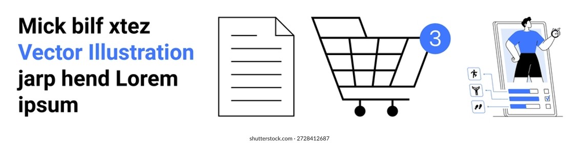 Comércio eletrônico, compras on-line, plataformas digitais, mercado, notificações, design de interface do usuário. Documento, carrinho de compras com notificação e elemento de perfil digital. Comércio eletrônico e comércio em linha