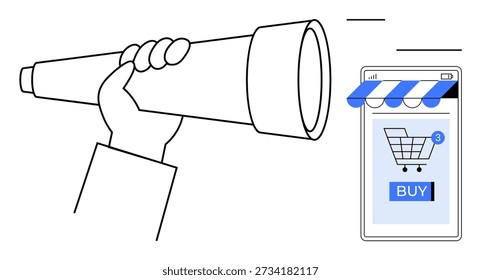 E-commerce, online shopping, digital search, customer behavior, mobile apps, purchasing decisions. Hand holding telescope gazing at a smartphone showing a shopping cart. E-commerce and online