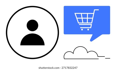 E-commerce, online shopping, digital services, user interaction, retail technology, cloud-based solutions. A person icon, shopping cart speech bubble and cloud symbol. E-commerce and online shopping