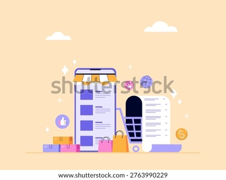 E-commerce, online shopping and digital online stores that feature shopping carts and products