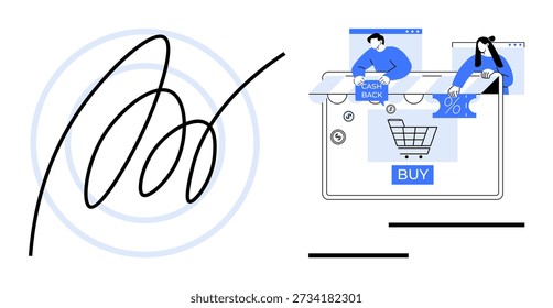 E-commerce, online shopping, digital transactions, cashback, consumer behavior, modern retail. Shopping cart and cashback icons on a digital interface. E-commerce and online shopping concept
