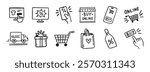 e-commerce online shopping doodle hand drawn icon set. Outline drawing e-commerce online shopping line clipart symbol collection. Vector illustration