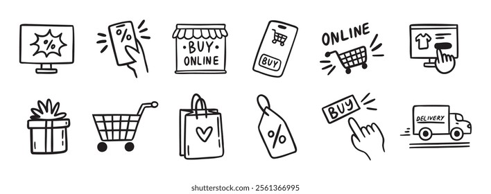 e-commerce online shopping doodle hand drawn icon set. Outline drawing e-commerce online shopping line clipart symbol collection. Vector illustration