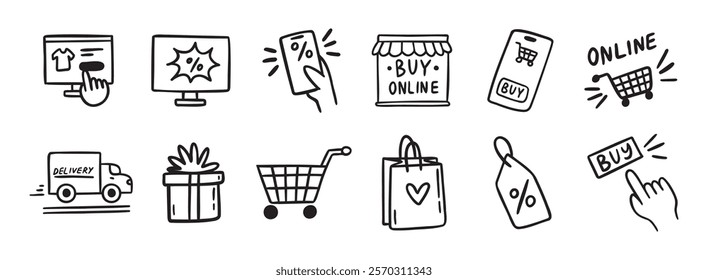 e-commerce online shopping doodle hand drawn icon set. Outline drawing e-commerce online shopping line clipart symbol collection. Vector illustration