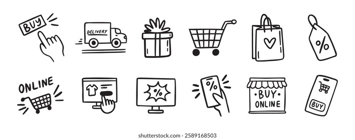 e-commerce online shopping doodle hand drawn icon set. Outline drawing e-commerce online shopping line clipart symbol collection. Vector illustration