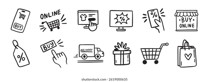 e-commerce compras on-line doodle desenhado à mão ícone set. Coleção de símbolos de clipart de linha de compras online de desenho em tópicos. Ilustração vetorial