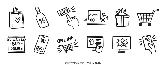 e-commerce compras on-line doodle desenhado à mão ícone set. Coleção de símbolos de clipart de linha de compras online de desenho em tópicos. Ilustração vetorial