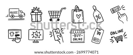 e-commerce online shopping doodle hand drawn icon set. Outline drawing e-commerce online shopping line clipart symbol collection. Vector illustration