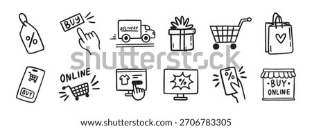 e-commerce online shopping doodle hand drawn icon set. Outline drawing e-commerce online shopping line clipart symbol collection. Vector illustration