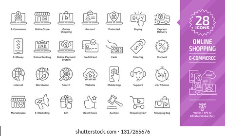 E-commerce and online shopping editable stroke outline icon set with e-money, digital technology internet business, mobile sale, payment service, web shop and retail line sign.