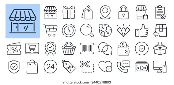 Iconos editables del contorno del trazo del comercio electrónico y de las compras en línea establecidos aislados en la ilustración plana del vector del fondo blanco. Píxel perfecto. 64 x 64