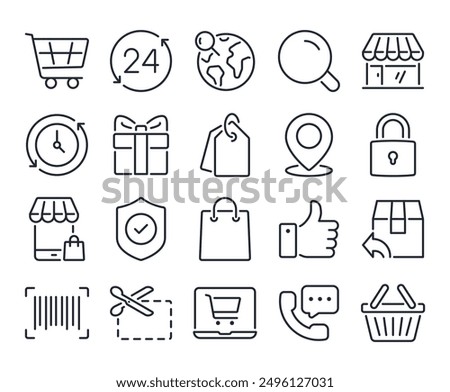 E-commerce and online shopping editable stroke outline icons set isolated on white background flat vector illustration. Pixel perfect. 64 x 64