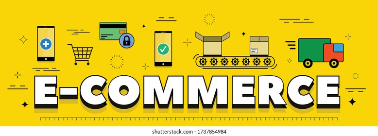 E-Commerce online shopping experience line art vector design poster. E-commerce iconic elements.