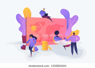 E-commerce and online shopping, financial operations and plastic card, mobile payment and banking concept. Vector isolated concept illustration. 3D liquid design with floral elements.