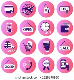 E-commerce online shopping flat icons in a round frame on a pink gradient background